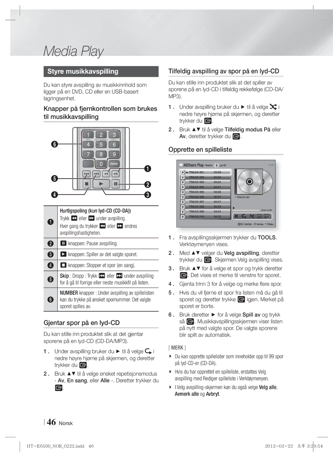 Samsung HT-E6500/XE manual Styre musikkavspilling, Knapper på fjernkontrollen som brukes til musikkavspilling 