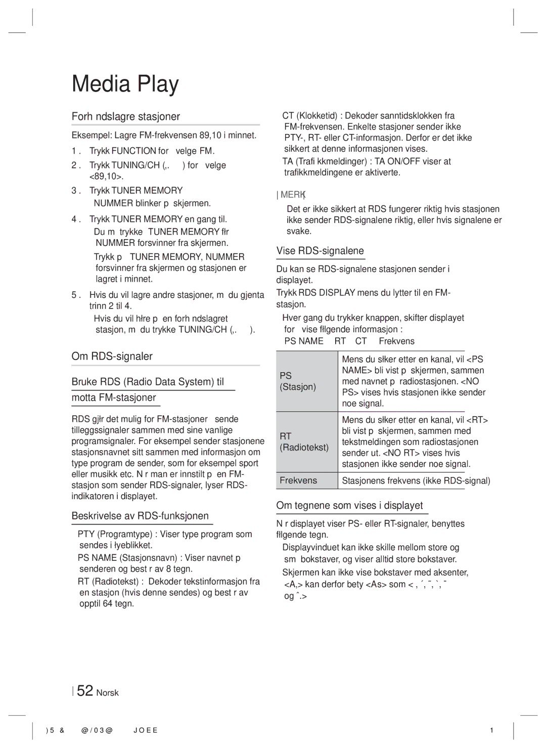 Samsung HT-E6500/XE manual Forhåndslagre stasjoner, Om RDS-signaler 