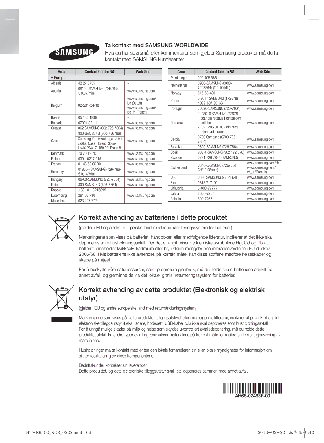 Samsung HT-E6500/XE manual Korrekt avhending av batteriene i dette produktet, Area Contact Centre  Web Site ` Europe 