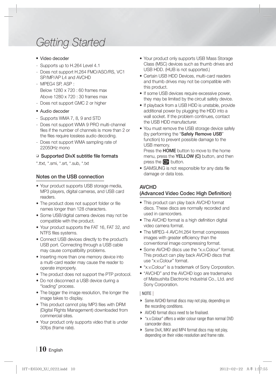 Samsung HT-E6500/EN, HT-E6500/XN, HT-E6500/XE manual Advanced Video Codec High Definition, MPEG4 SP, ASP 