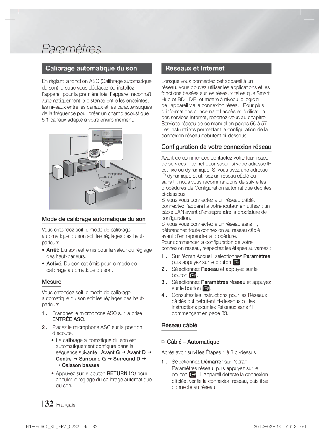 Samsung HT-E6500/XE manual Calibrage automatique du son, Configuration de votre connexion réseau, Mesure, Réseau câblé 