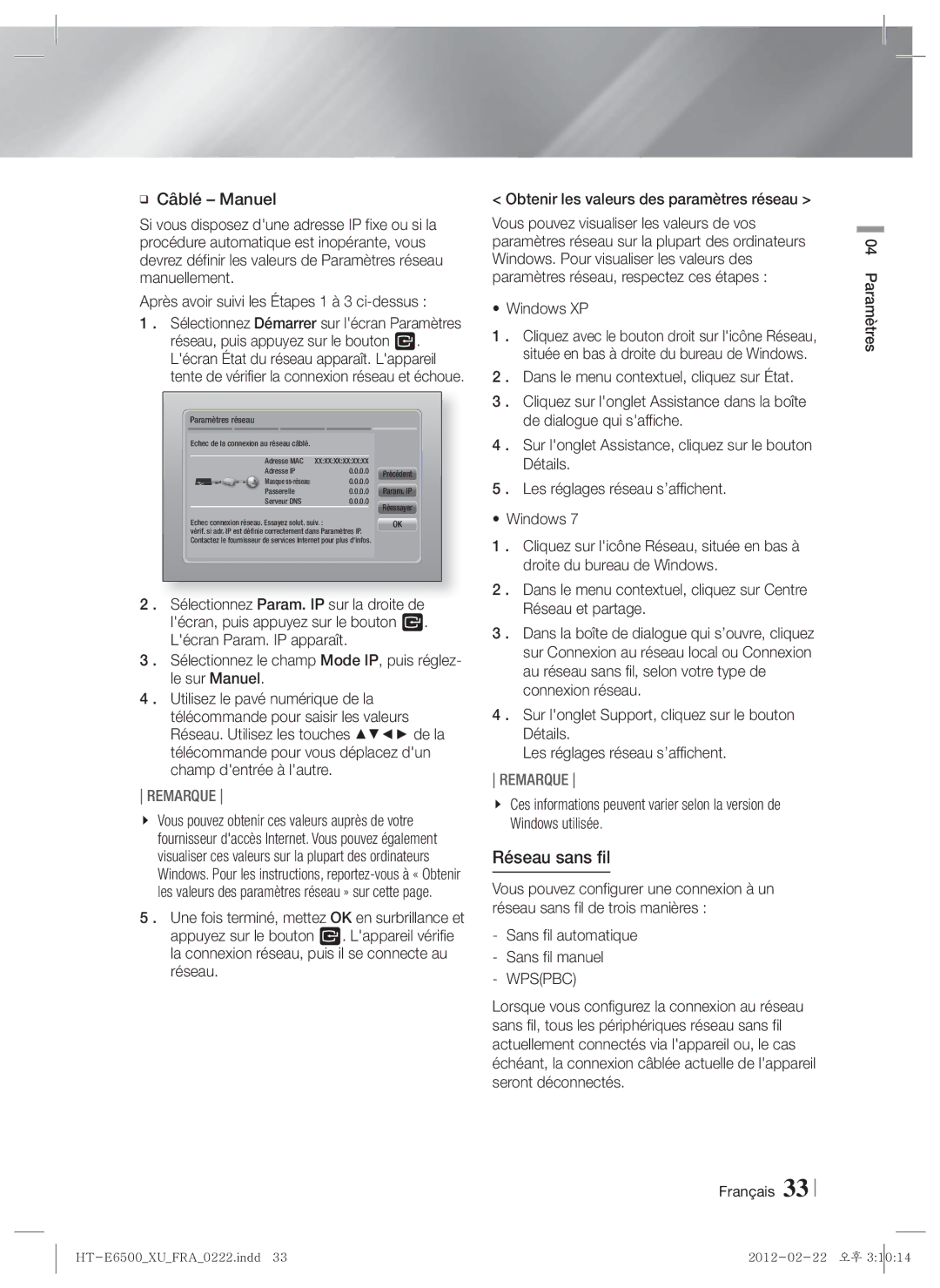 Samsung HT-E6500/XN, HT-E6500/EN, HT-E6500/XE manual Réseau sans fil, Windows XP 