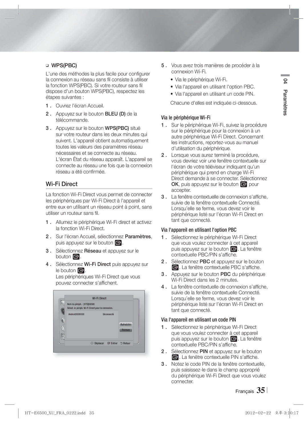 Samsung HT-E6500/XE, HT-E6500/XN, HT-E6500/EN manual System Fermer Support Déplacer Entrer Retour 