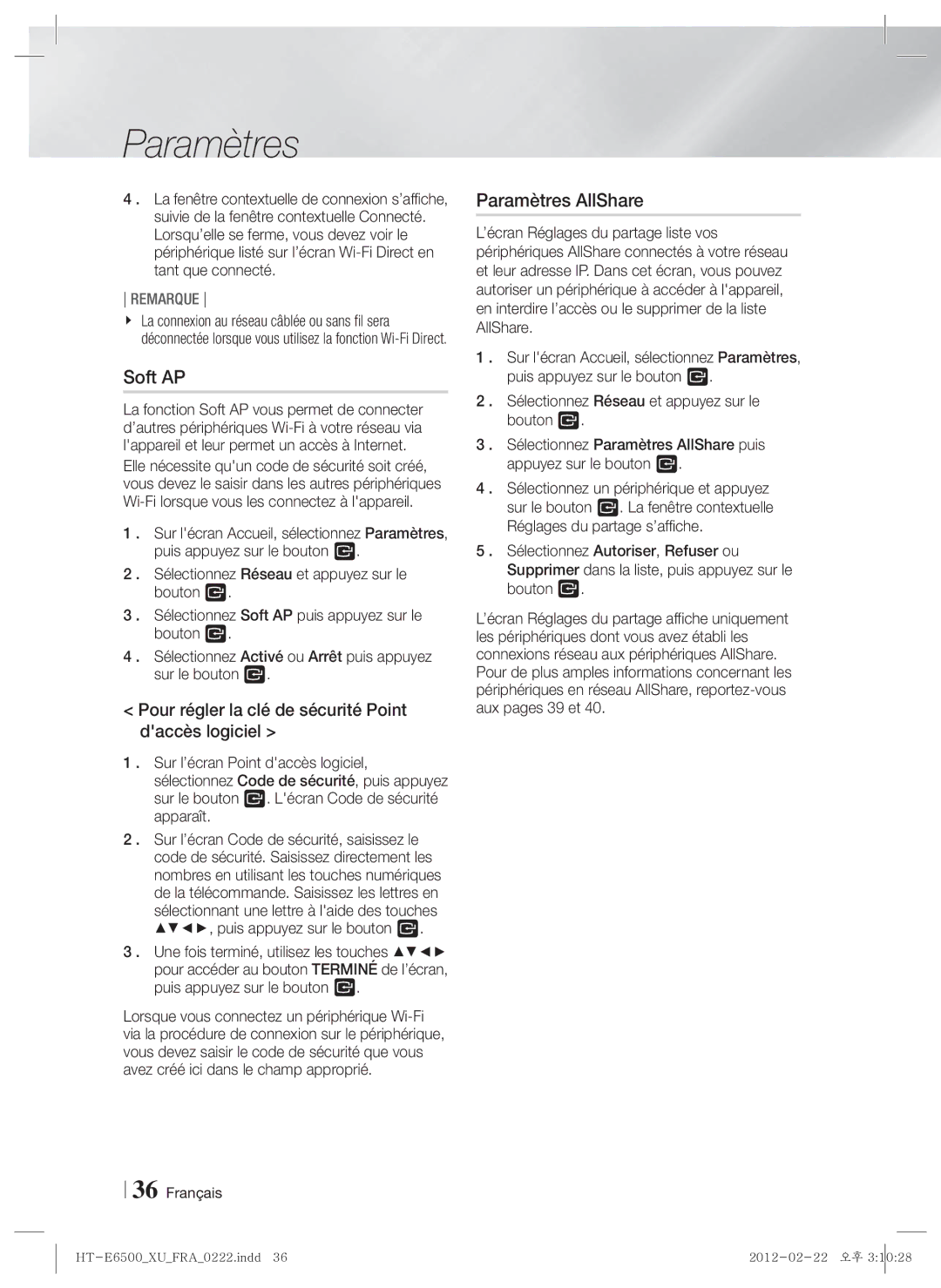 Samsung HT-E6500/XN, HT-E6500/EN, HT-E6500/XE Paramètres AllShare, Pour régler la clé de sécurité Point daccès logiciel 