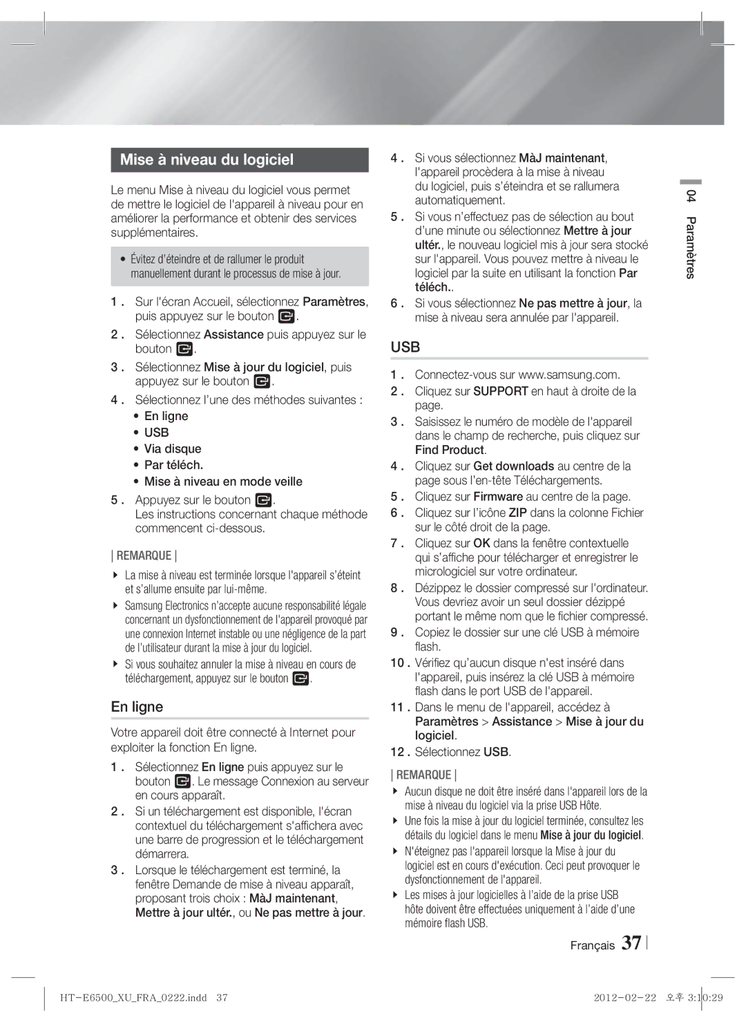 Samsung HT-E6500/EN, HT-E6500/XN Mise à niveau du logiciel, En ligne, Usb, Dézippez le dossier compressé sur lordinateur 