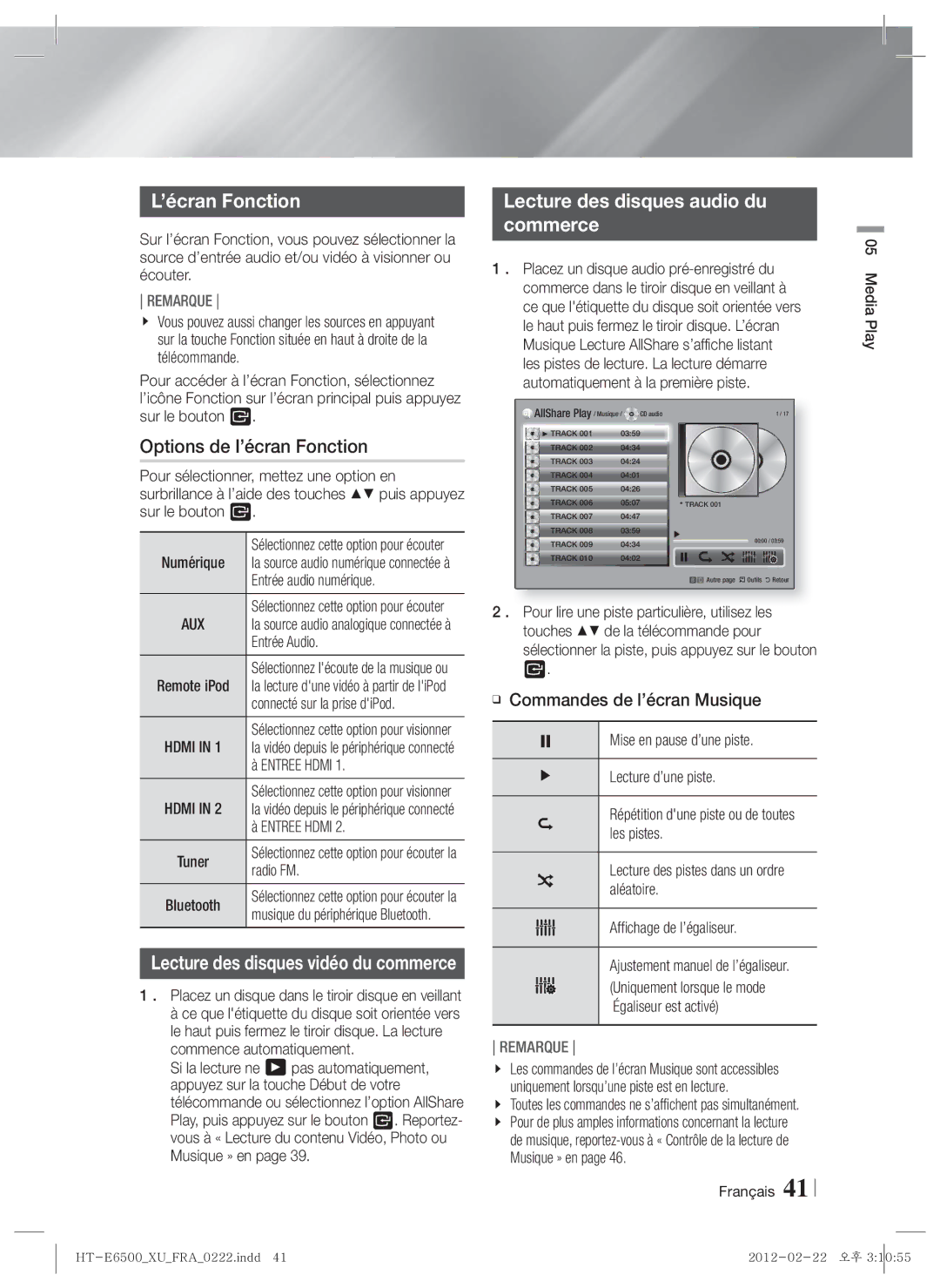 Samsung HT-E6500/XE Options de l’écran Fonction, Lecture des disques audio du Commerce, Commandes de l’écran Musique 