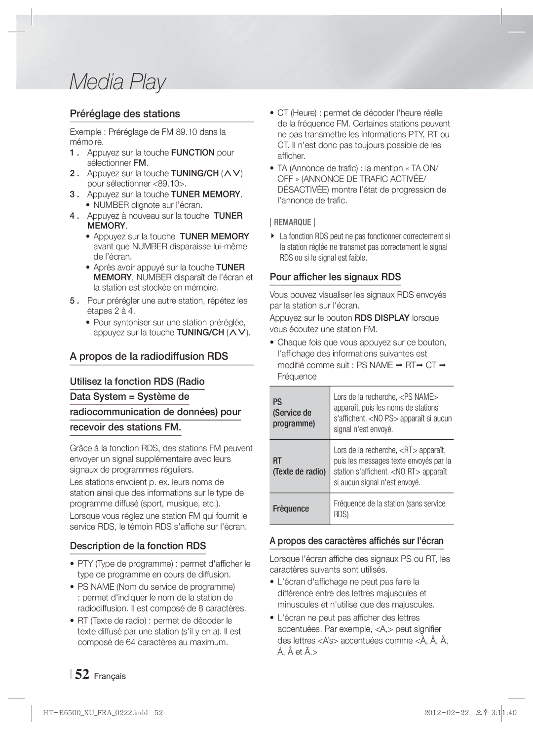 Samsung HT-E6500/EN, HT-E6500/XN Préréglage des stations, Propos de la radiodiffusion RDS, Description de la fonction RDS 