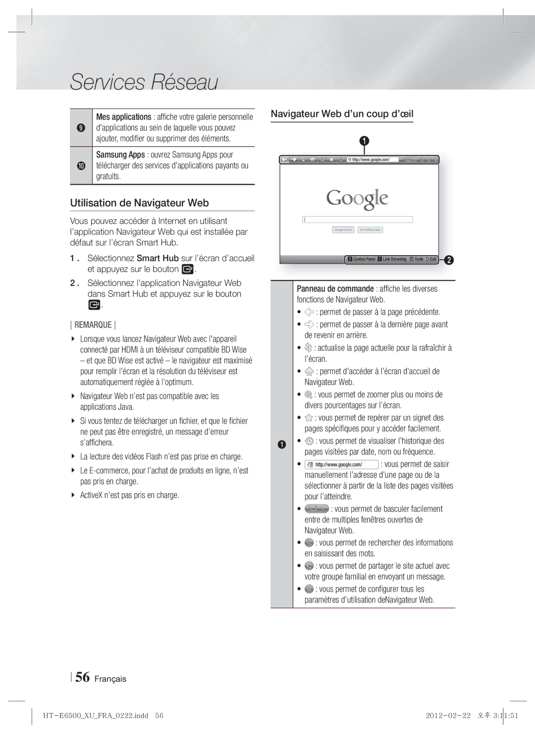 Samsung HT-E6500/XE Utilisation de Navigateur Web, Navigateur Web d’un coup d’œil, Samsung Apps ouvrez Samsung Apps pour 