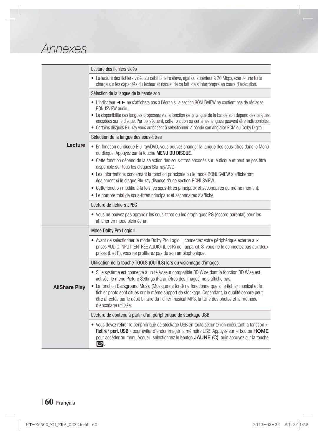 Samsung HT-E6500/XN, HT-E6500/EN, HT-E6500/XE manual Lecture des fichiers vidéo, Sélection de la langue des sous-titres 