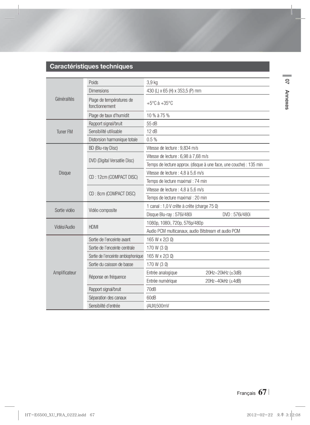 Samsung HT-E6500/EN, HT-E6500/XN, HT-E6500/XE manual Caractéristiques techniques 