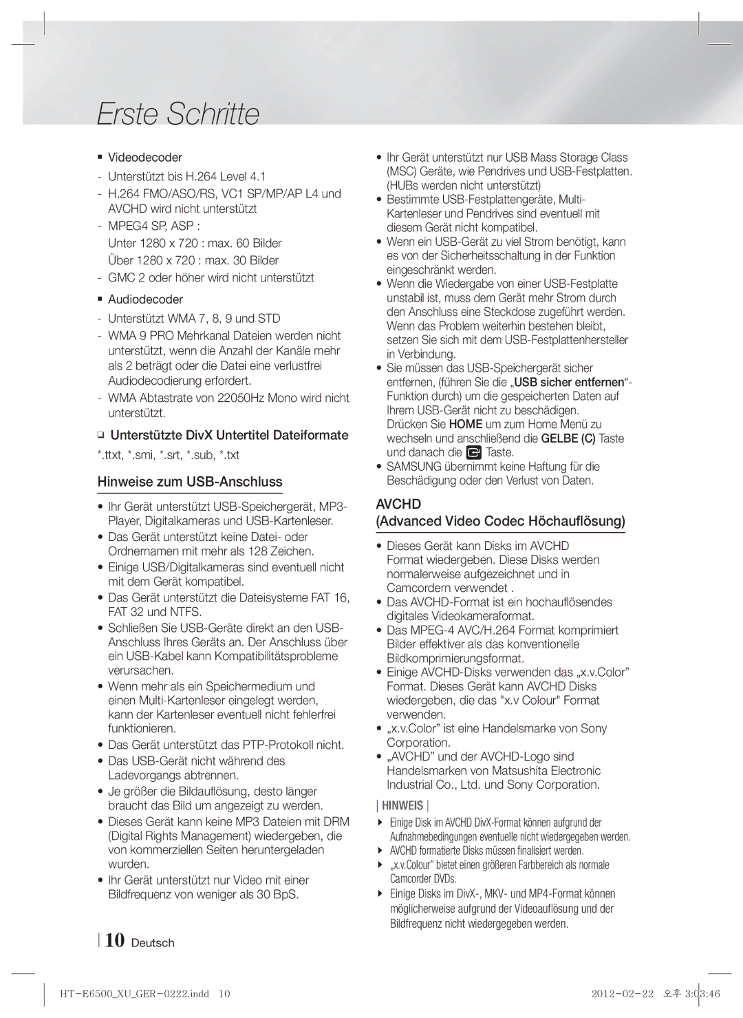 Samsung HT-E6500/EN, HT-E6500/XN, HT-E6500/XE manual Hinweise zum USB-Anschluss, Advanced Video Codec Höchauflösung 