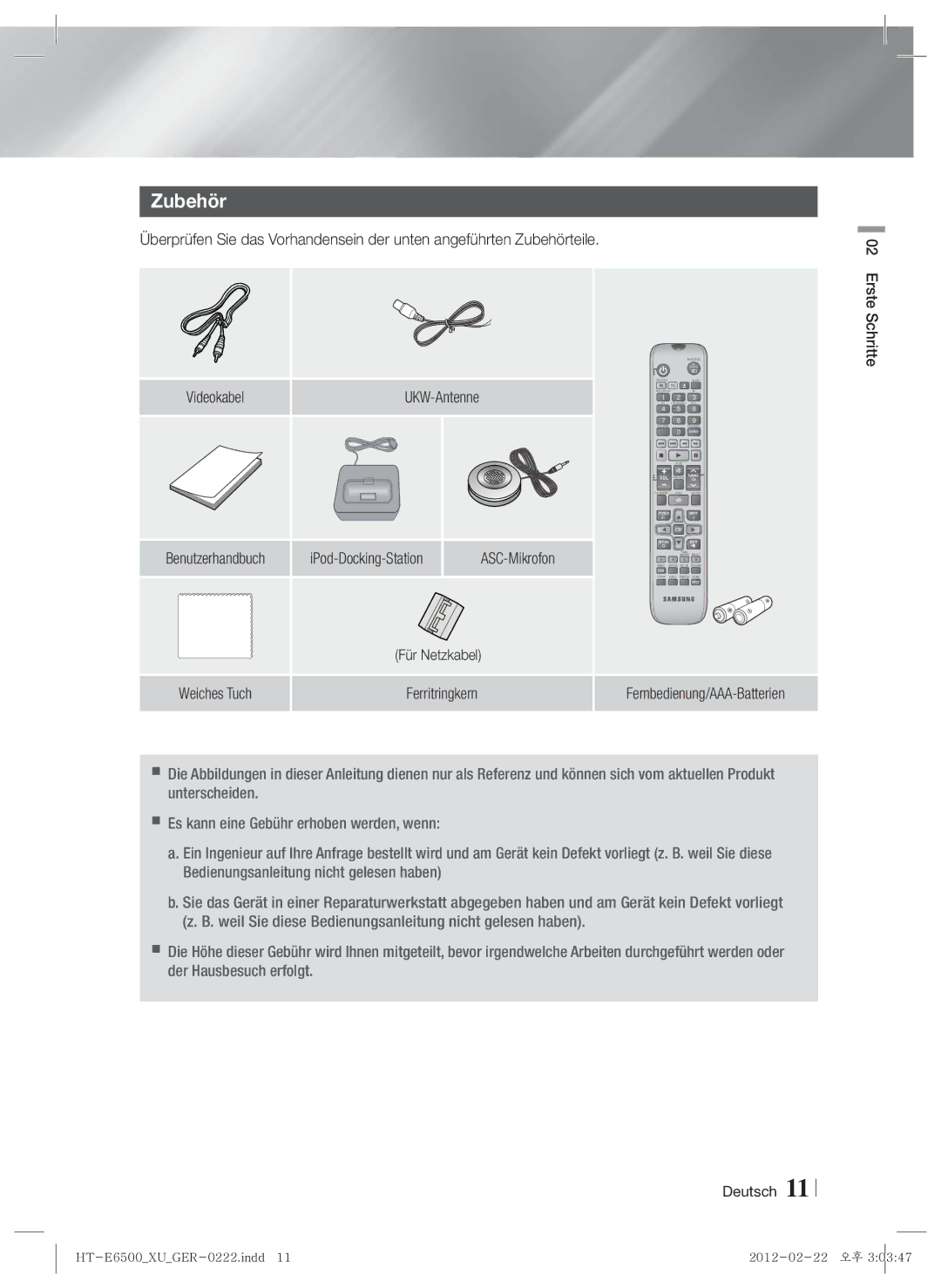 Samsung HT-E6500/XE, HT-E6500/XN, HT-E6500/EN manual Zubehör, IPod-Docking-Station ASC-Mikrofon, Für Netzkabel 