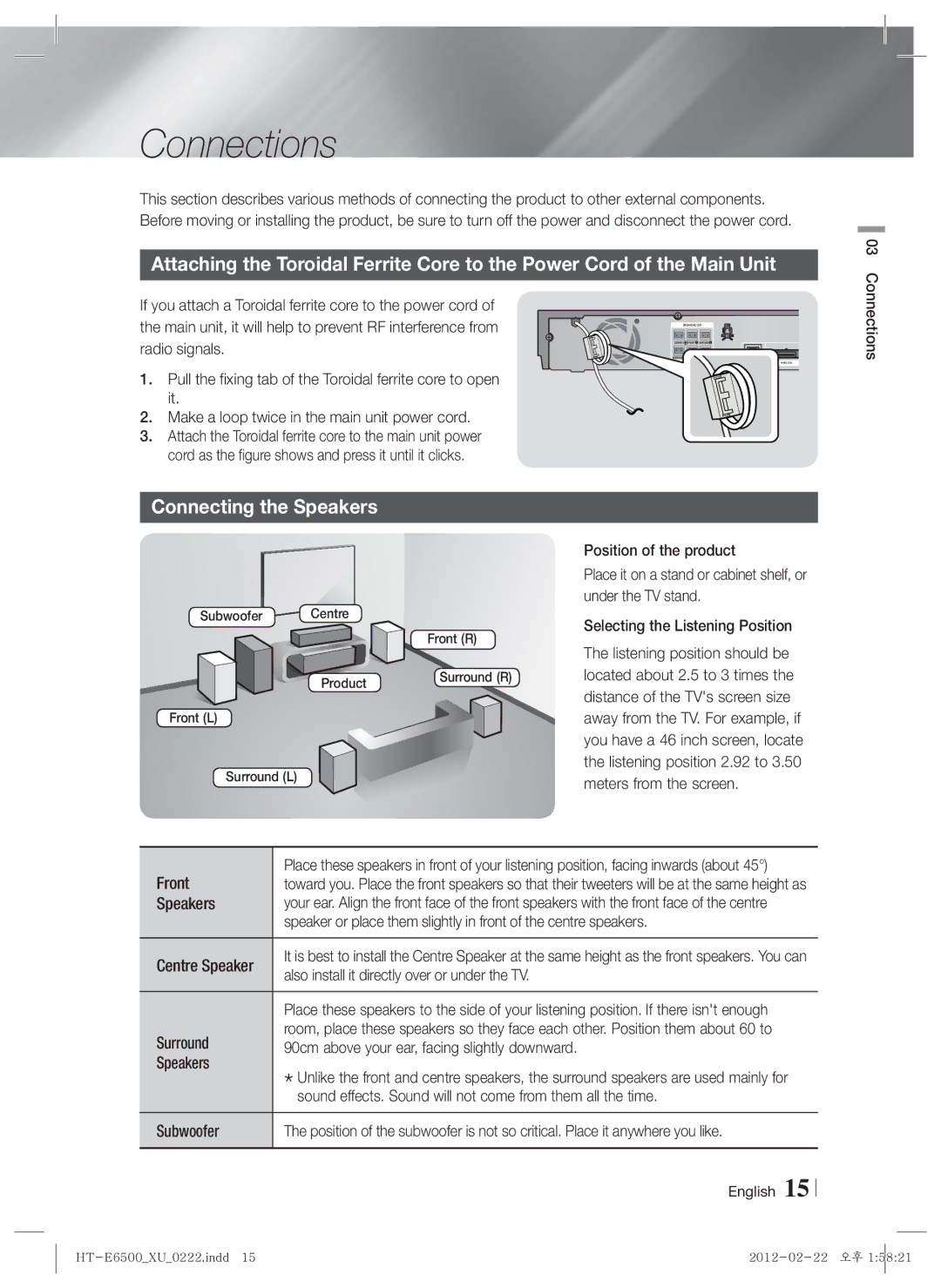 Samsung HT-E6500/XN, HT-E6500/EN, HT-E6500/XE manual Connections, Connecting the Speakers 