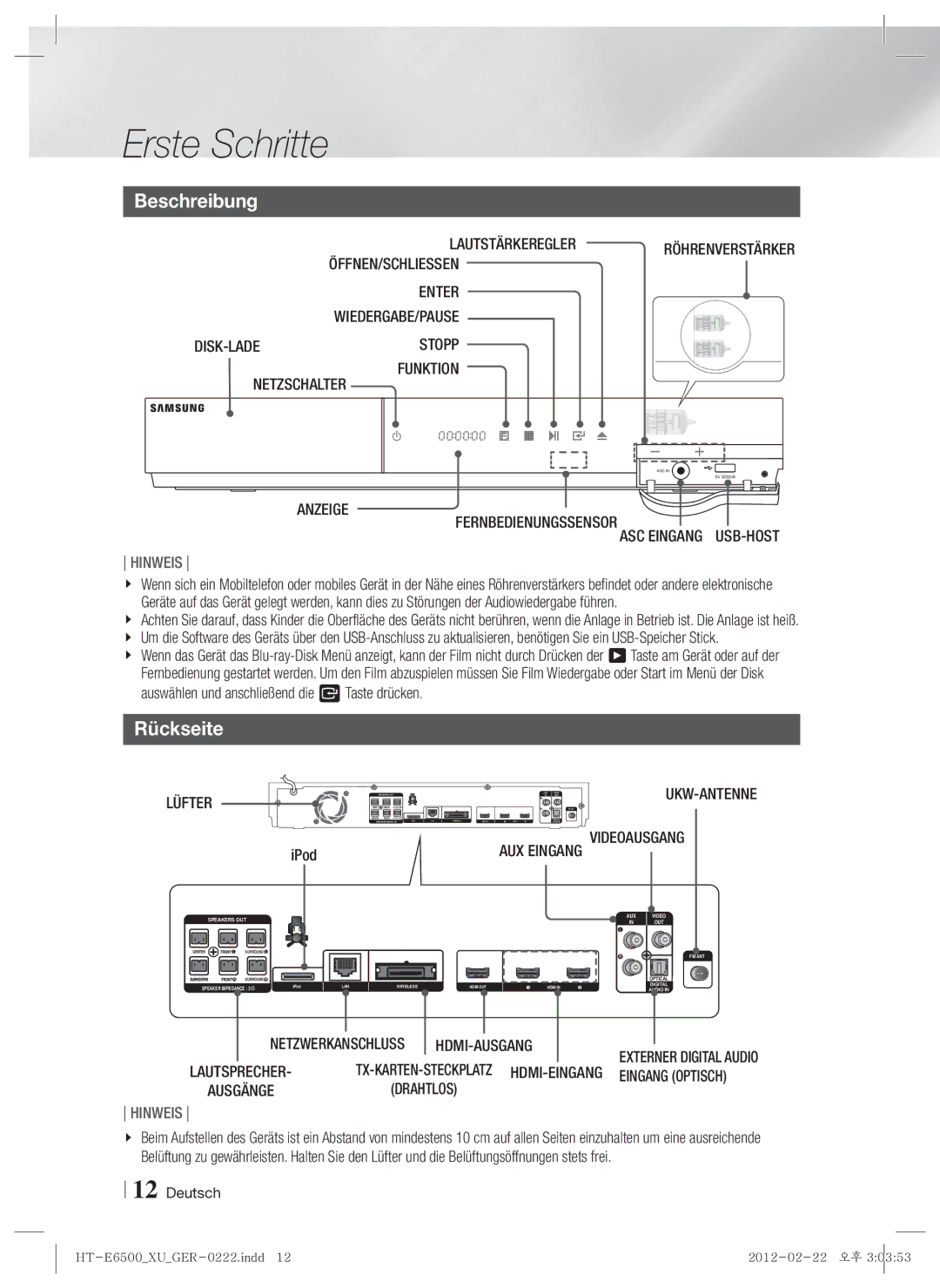 Samsung HT-E6500/XN, HT-E6500/EN, HT-E6500/XE manual Beschreibung, Rückseite 