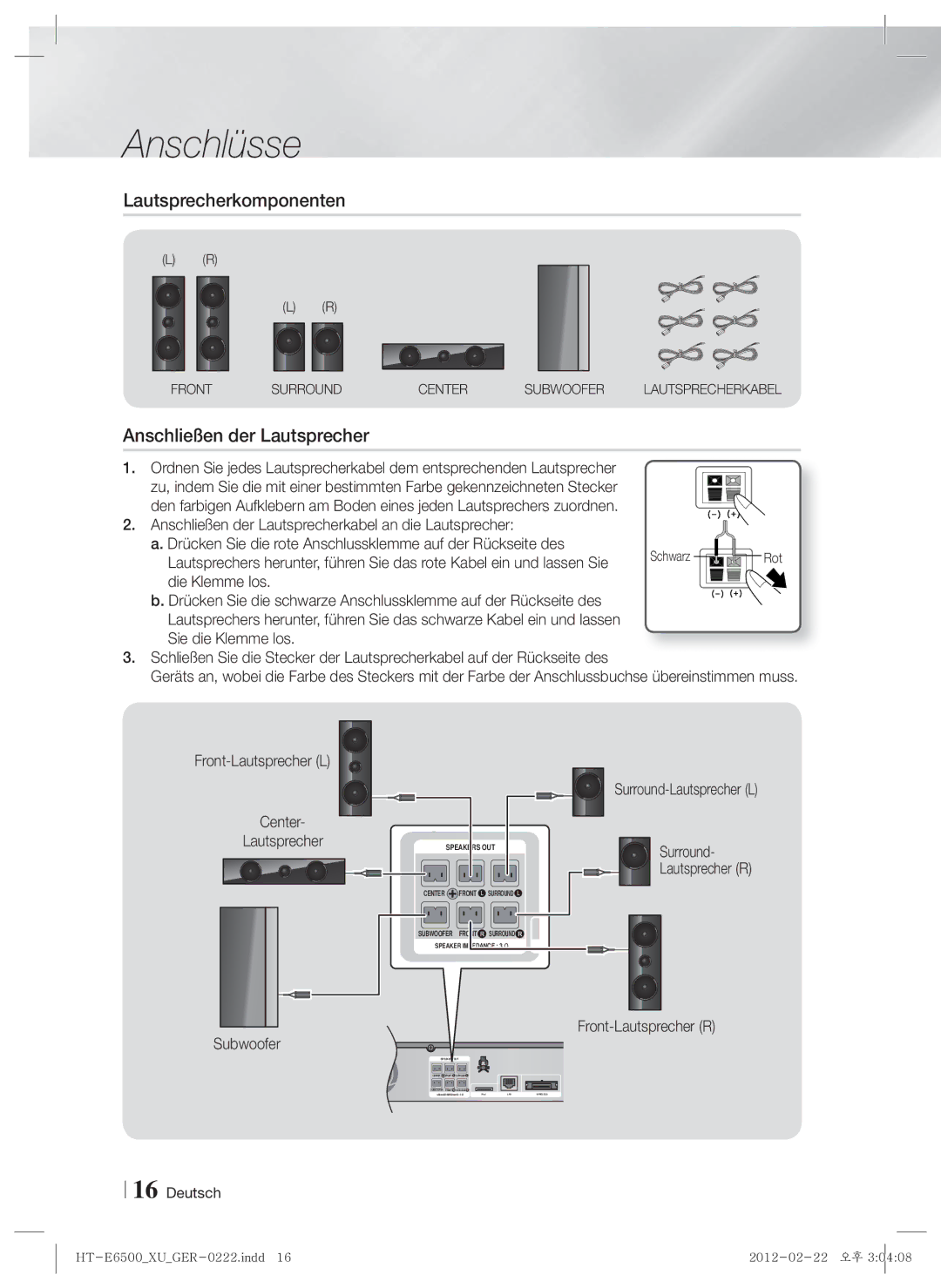 Samsung HT-E6500/EN, HT-E6500/XN Lautsprecherkomponenten, Anschließen der Lautsprecher, Front-Lautsprecher L, Surround 