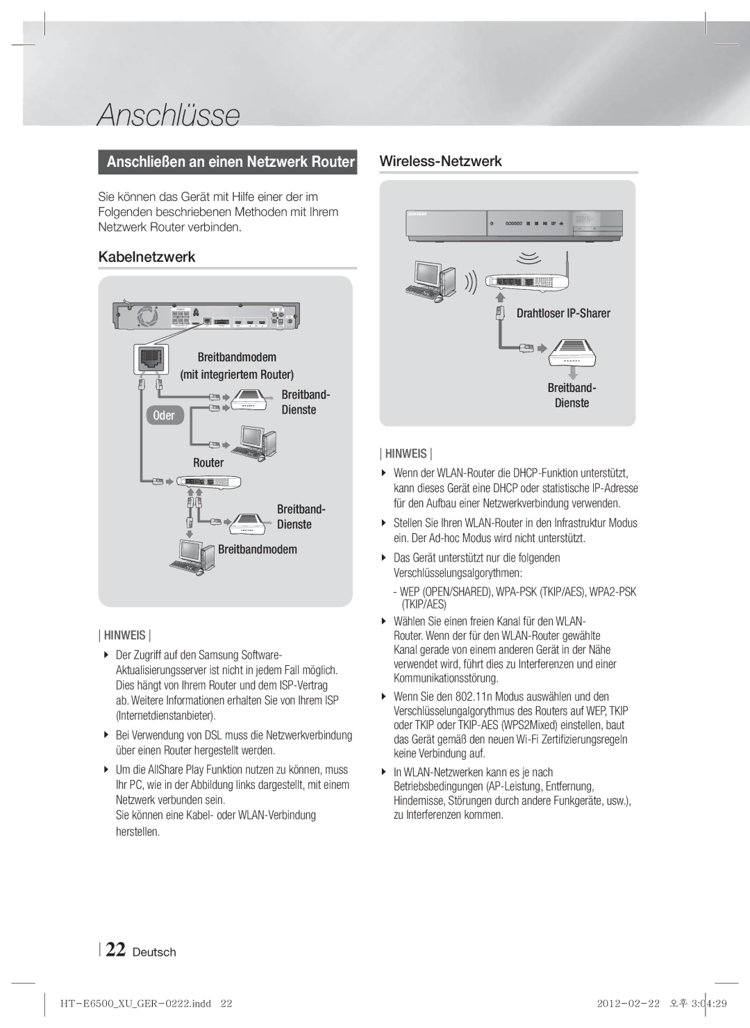 Samsung HT-E6500/EN, HT-E6500/XN Kabelnetzwerk, Sie können eine Kabel- oder WLAN-Verbindung herstellen, Breitband Dienste 