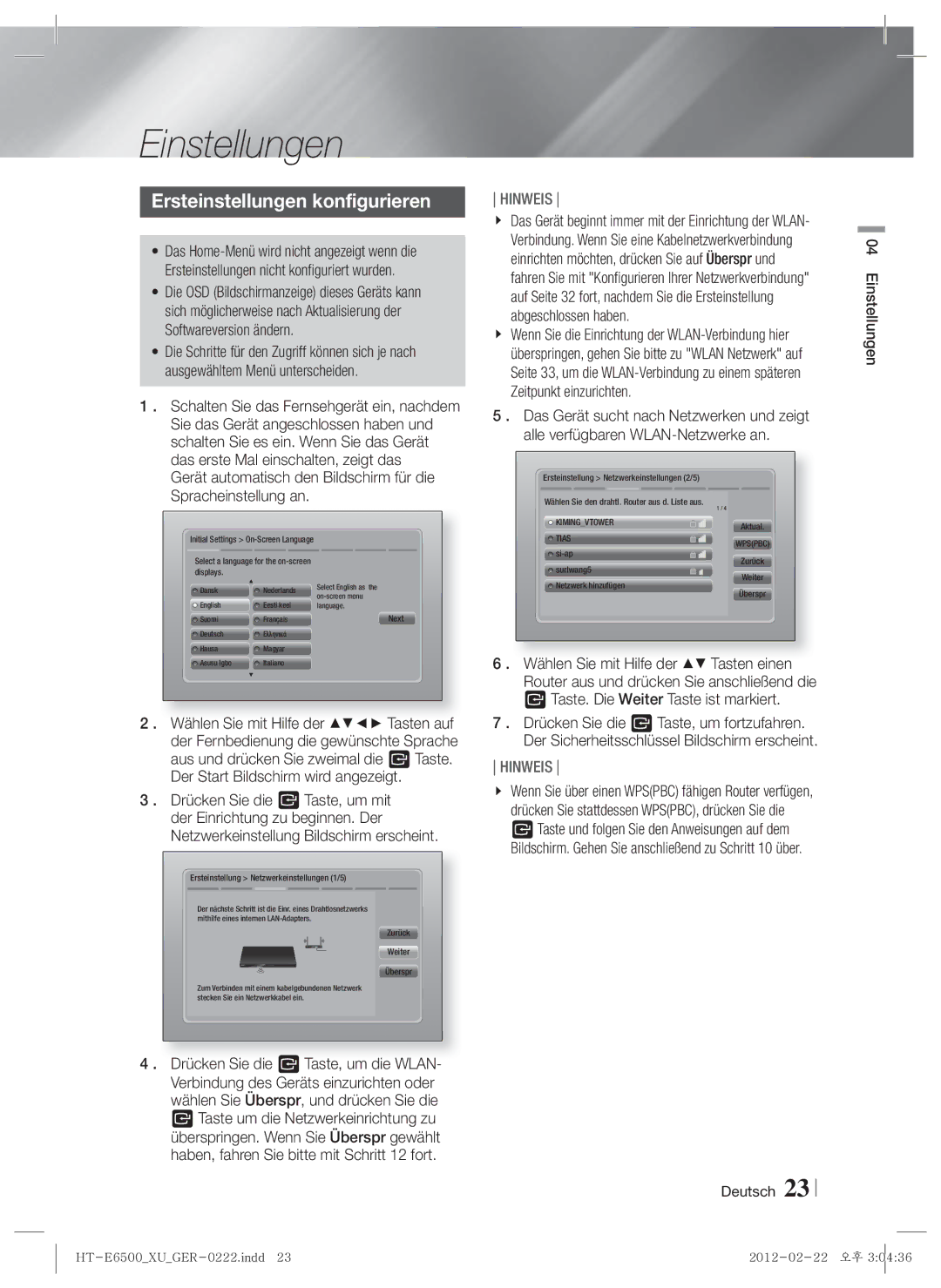 Samsung HT-E6500/XE, HT-E6500/XN, HT-E6500/EN manual Einstellungen, Ersteinstellungen konfigurieren 