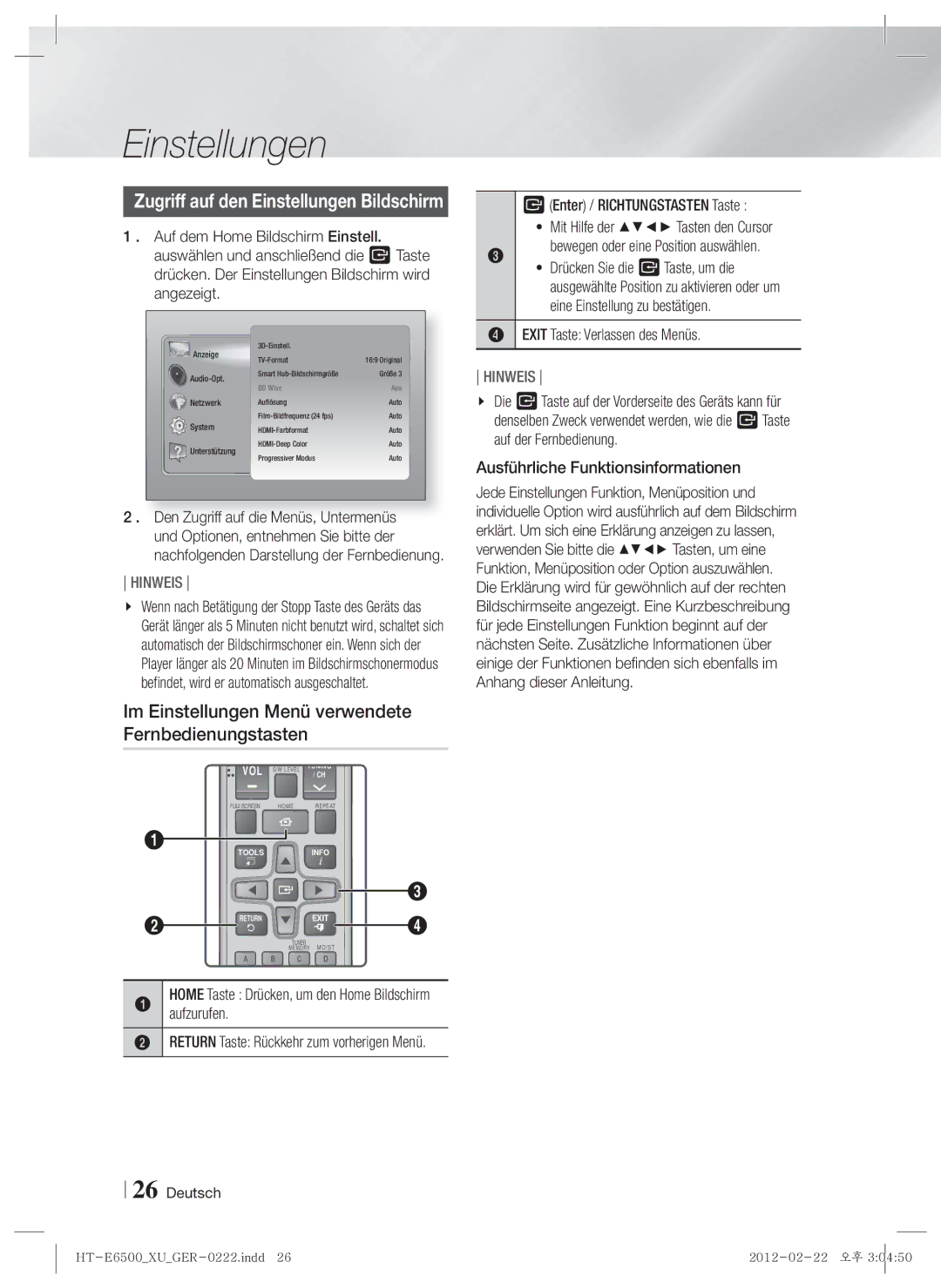 Samsung HT-E6500/XE, HT-E6500/XN, HT-E6500/EN manual Im Einstellungen Menü verwendete Fernbedienungstasten 