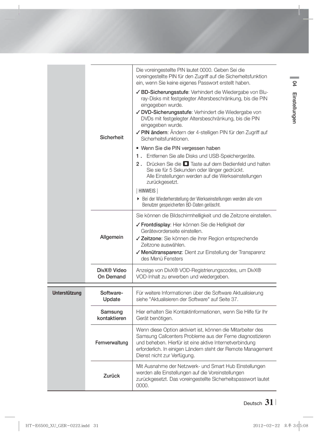 Samsung HT-E6500/EN manual Die voreingestellte PIN lautet 0000. Geben Sei die, Eingegeben wurde, Sicherheitsfunktionen 