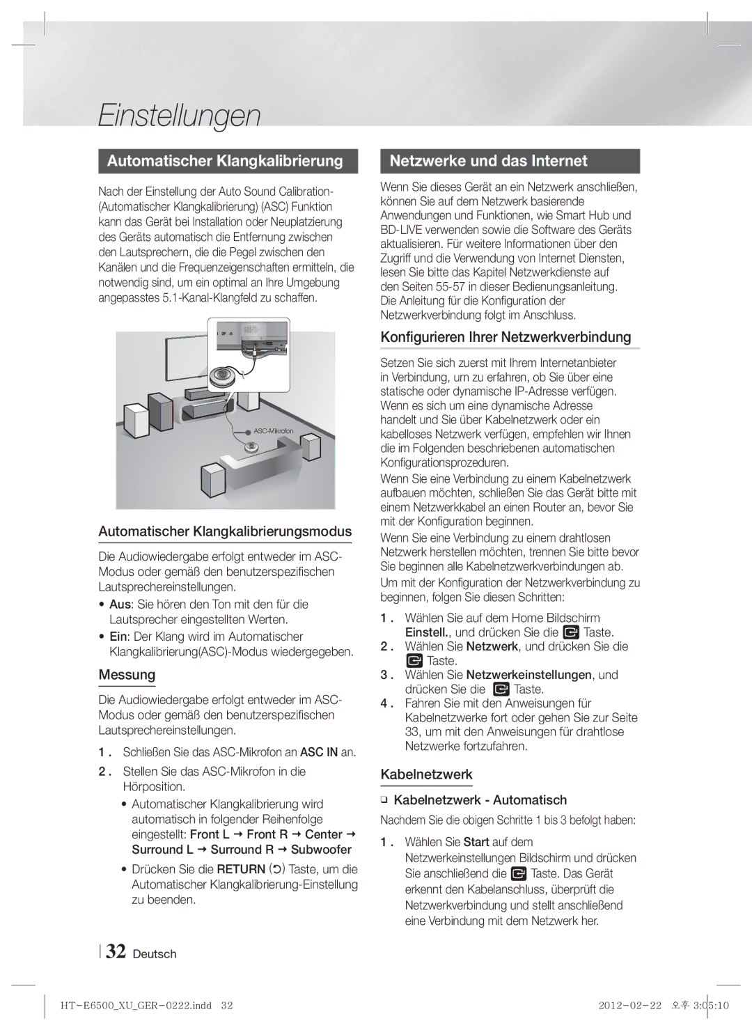 Samsung HT-E6500/XE manual Automatischer Klangkalibrierung, Konfigurieren Ihrer Netzwerkverbindung, Messung, Kabelnetzwerk 