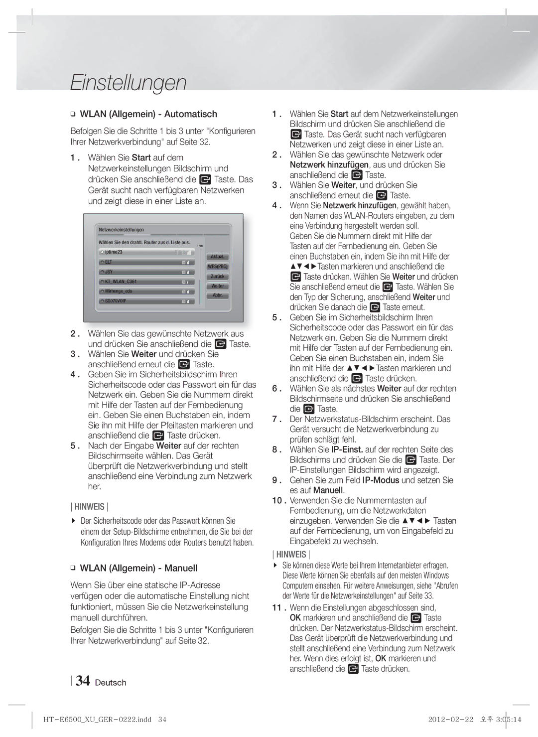 Samsung HT-E6500/EN, HT-E6500/XN, HT-E6500/XE manual Wlan Allgemein Automatisch 