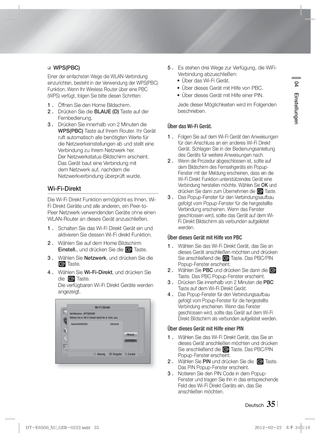 Samsung HT-E6500/XE, HT-E6500/XN, HT-E6500/EN manual Wi-Fi-Direkt 