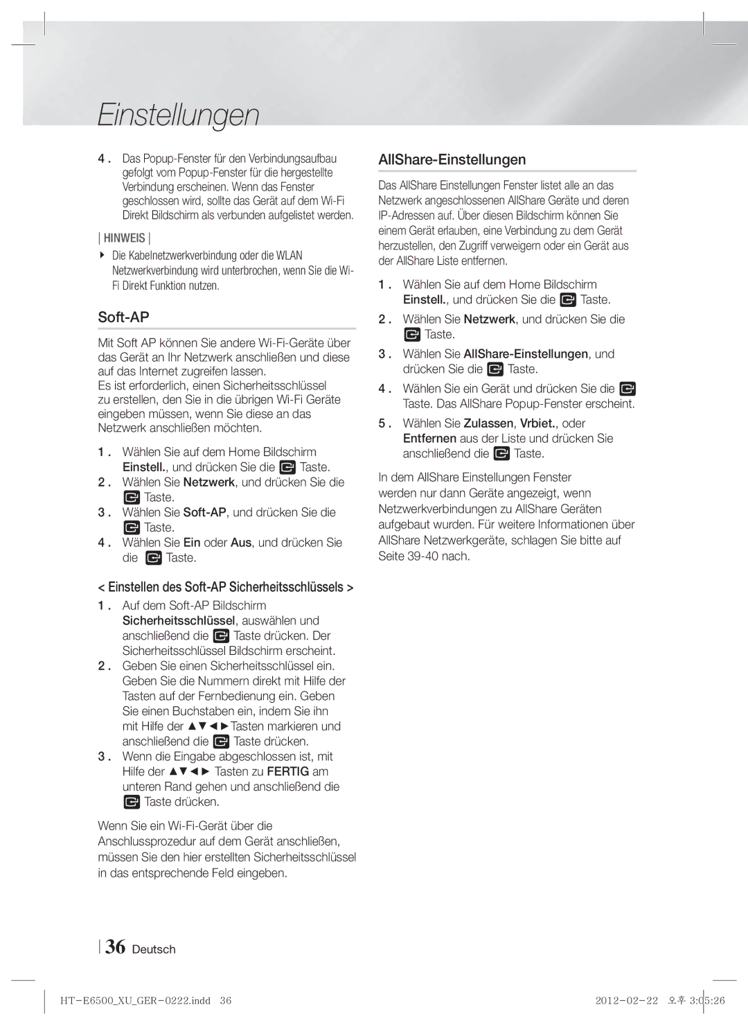 Samsung HT-E6500/XN, HT-E6500/EN, HT-E6500/XE manual Soft-AP, AllShare-Einstellungen 