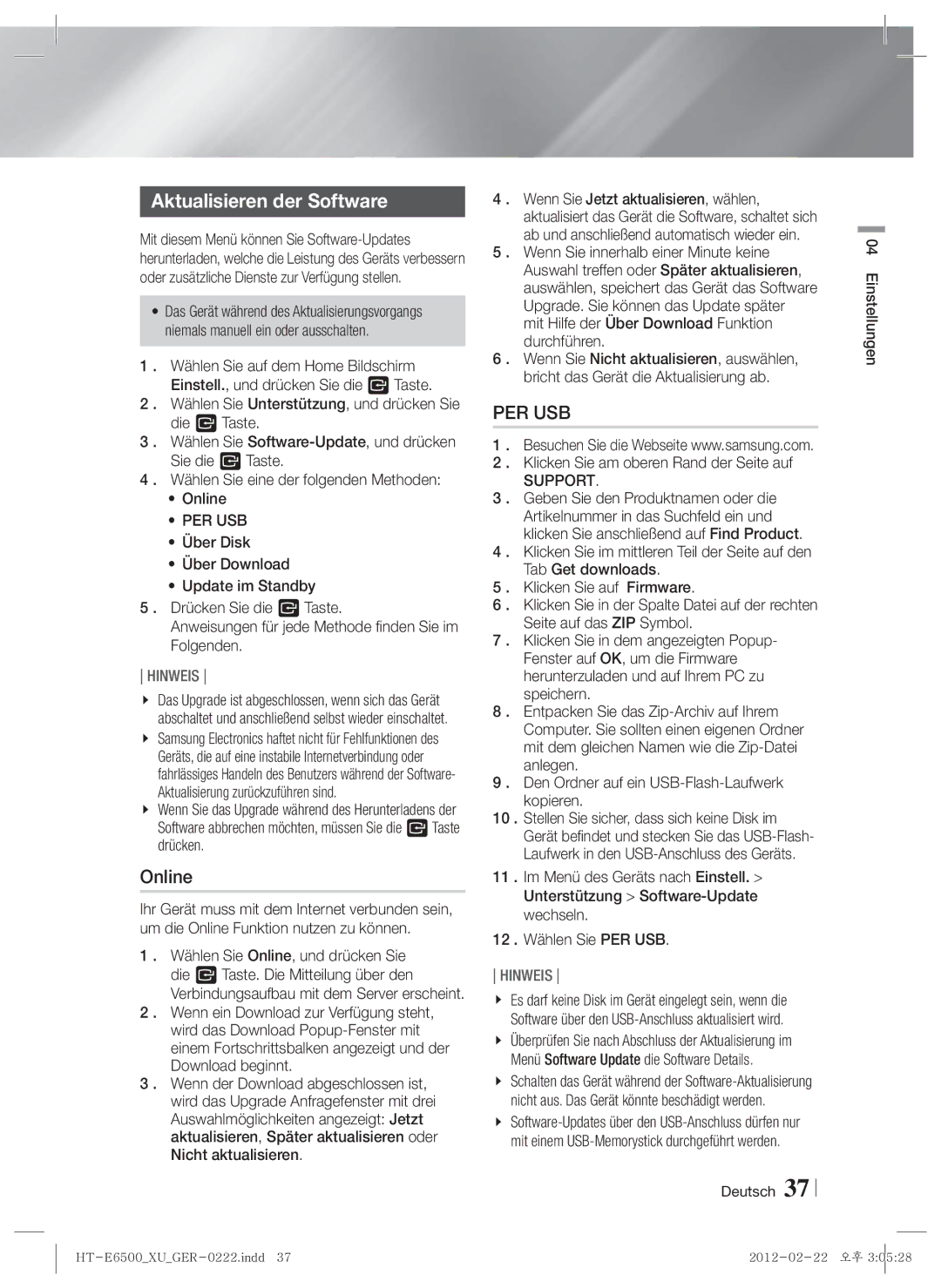 Samsung HT-E6500/EN manual Aktualisieren der Software, Per Usb, Mit Hilfe der Über Download Funktion durchführen, Support 