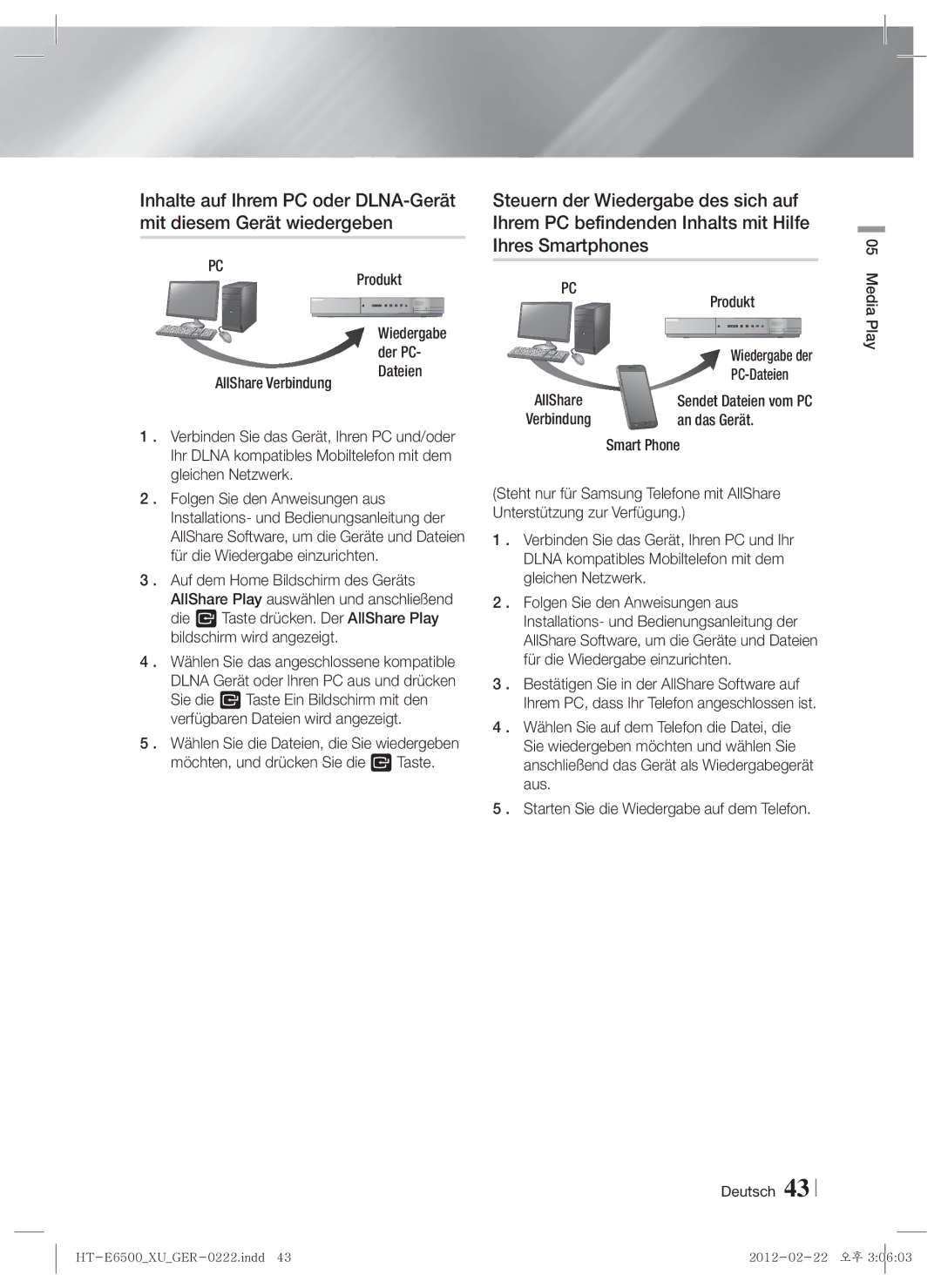 Samsung HT-E6500/EN, HT-E6500/XN, HT-E6500/XE manual Produkt, PC-Dateien, An das Gerät, Wiedergabe der PC- Dateien 