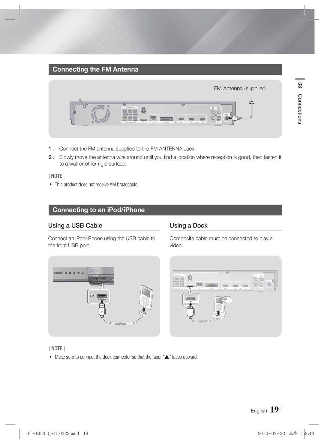 Samsung HT-E6500/EN, HT-E6500/XN Connecting the FM Antenna, Connecting to an iPod/iPhone, Using a USB Cable, Using a Dock 