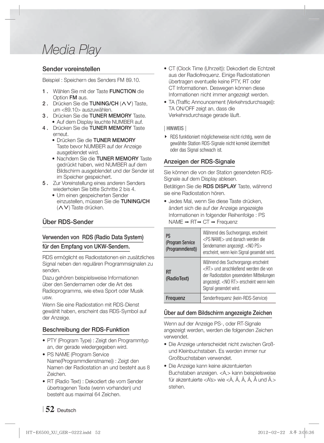 Samsung HT-E6500/EN manual Sender voreinstellen, Über RDS-Sender, Beschreibung der RDS-Funktion, Anzeigen der RDS-Signale 