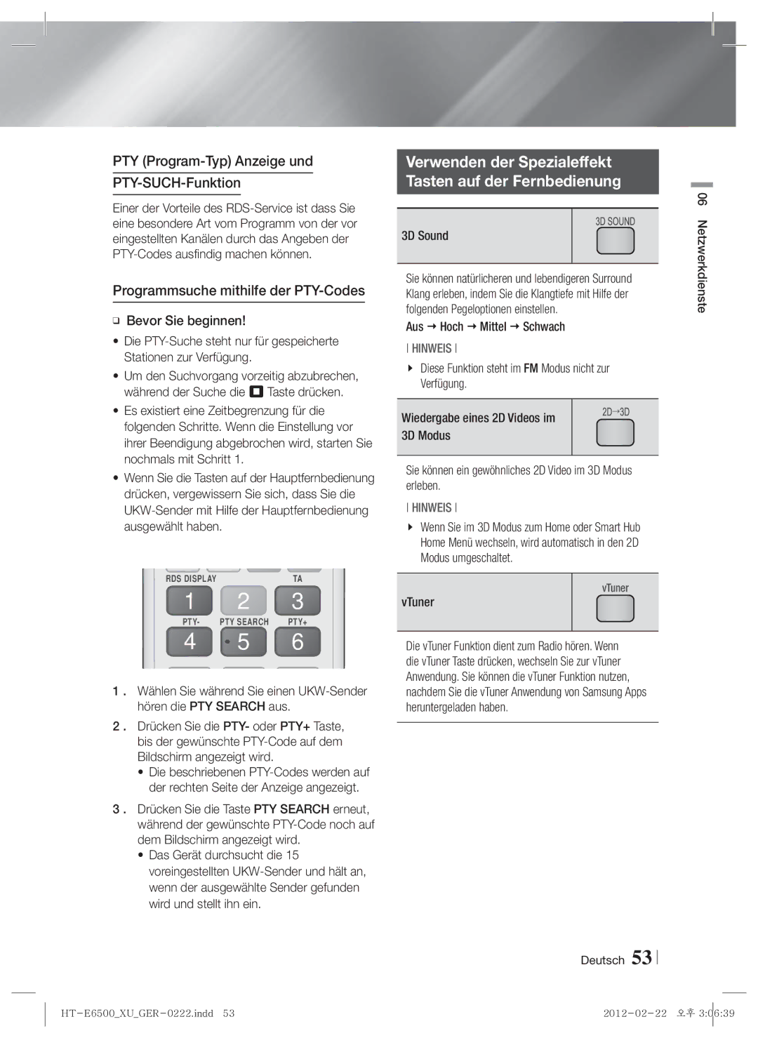 Samsung HT-E6500/XE manual Verwenden der Spezialeffekt Tasten auf der Fernbedienung, Programmsuche mithilfe der PTY-Codes 