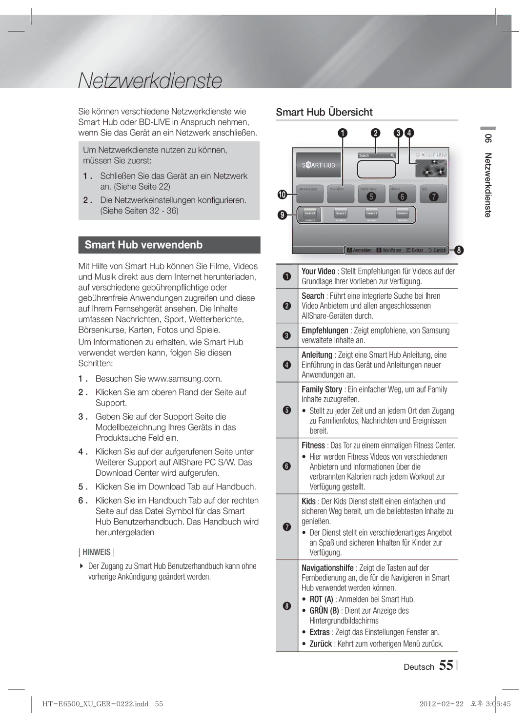 Samsung HT-E6500/EN, HT-E6500/XN, HT-E6500/XE manual Smart Hub verwendenb, Smart Hub Übersicht 