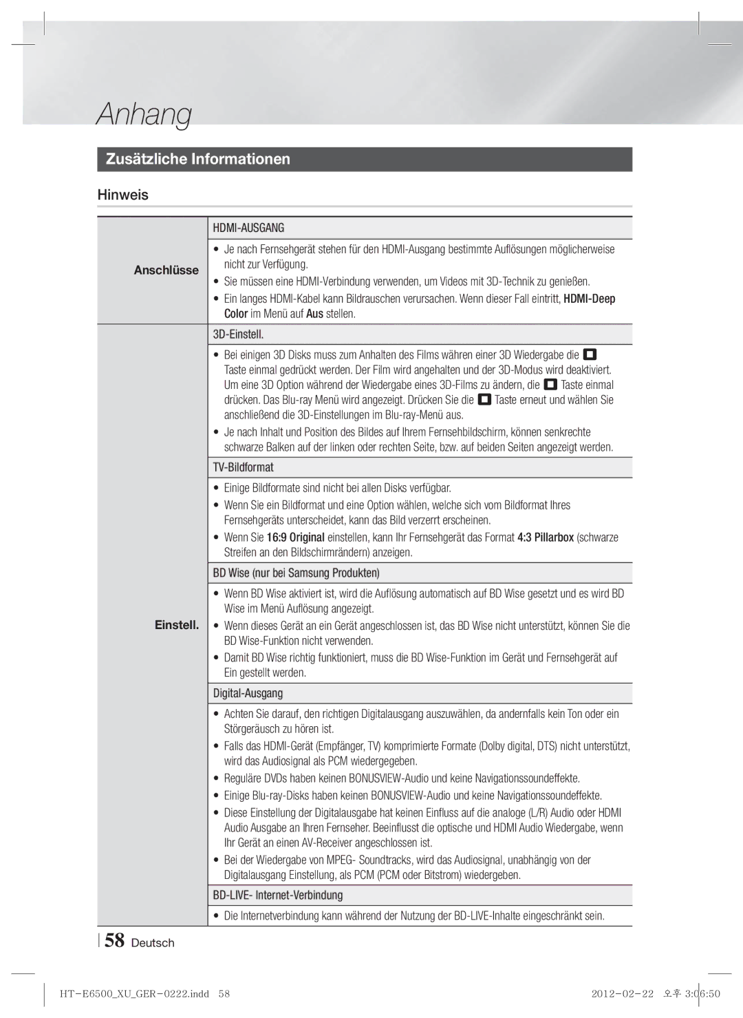 Samsung HT-E6500/EN, HT-E6500/XN, HT-E6500/XE manual Anhang, Zusätzliche Informationen, Hinweis, Anschlüsse 