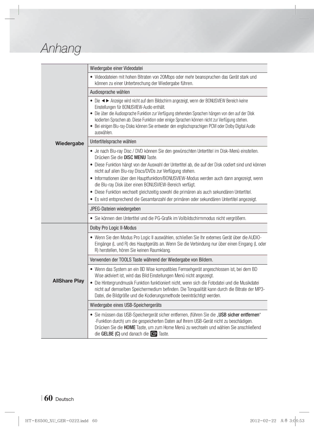 Samsung HT-E6500/XN, HT-E6500/EN, HT-E6500/XE manual Wiedergabe 