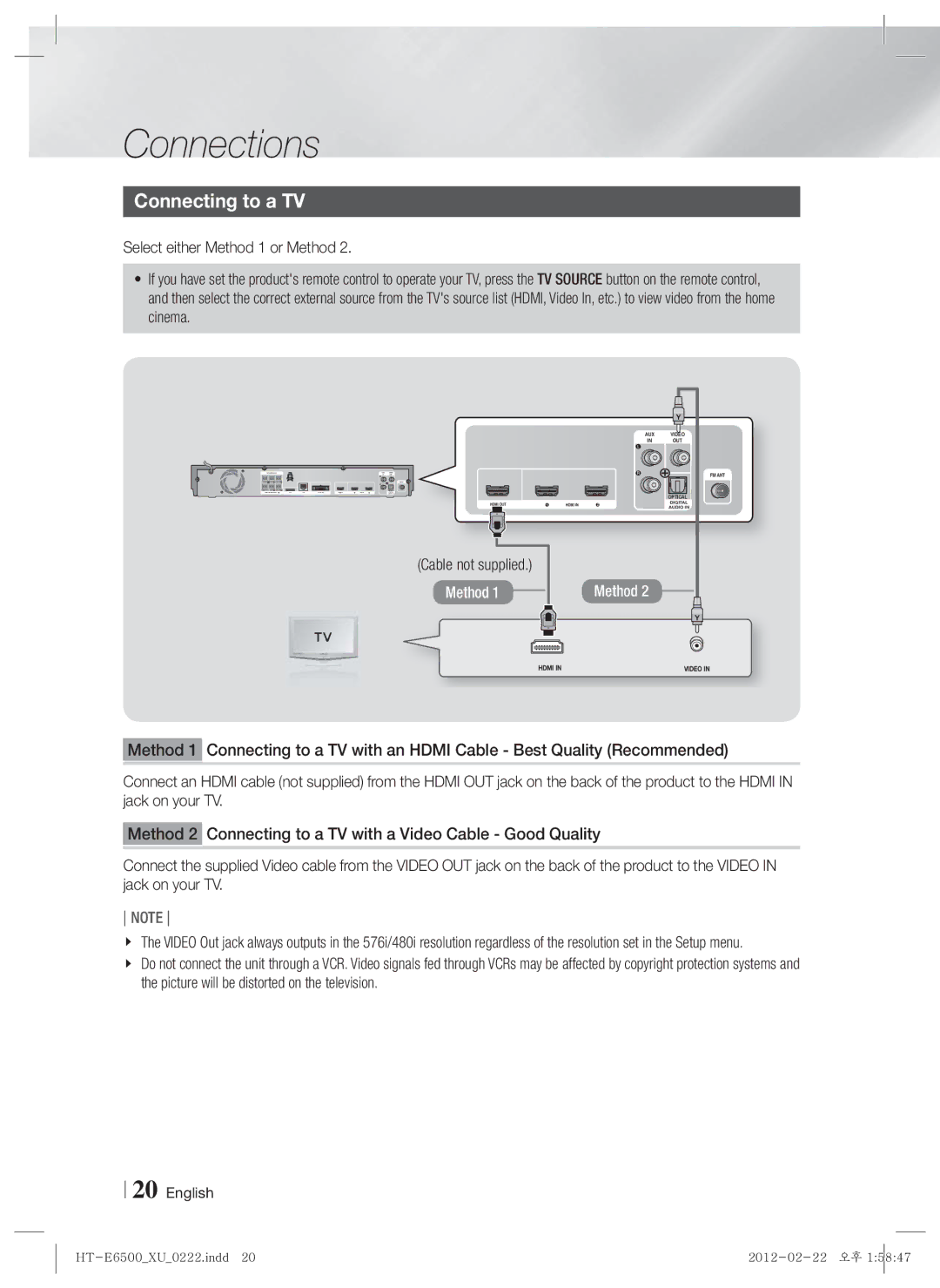 Samsung HT-E6500/XE, HT-E6500/XN, HT-E6500/EN manual Connecting to a TV, Cable not supplied 