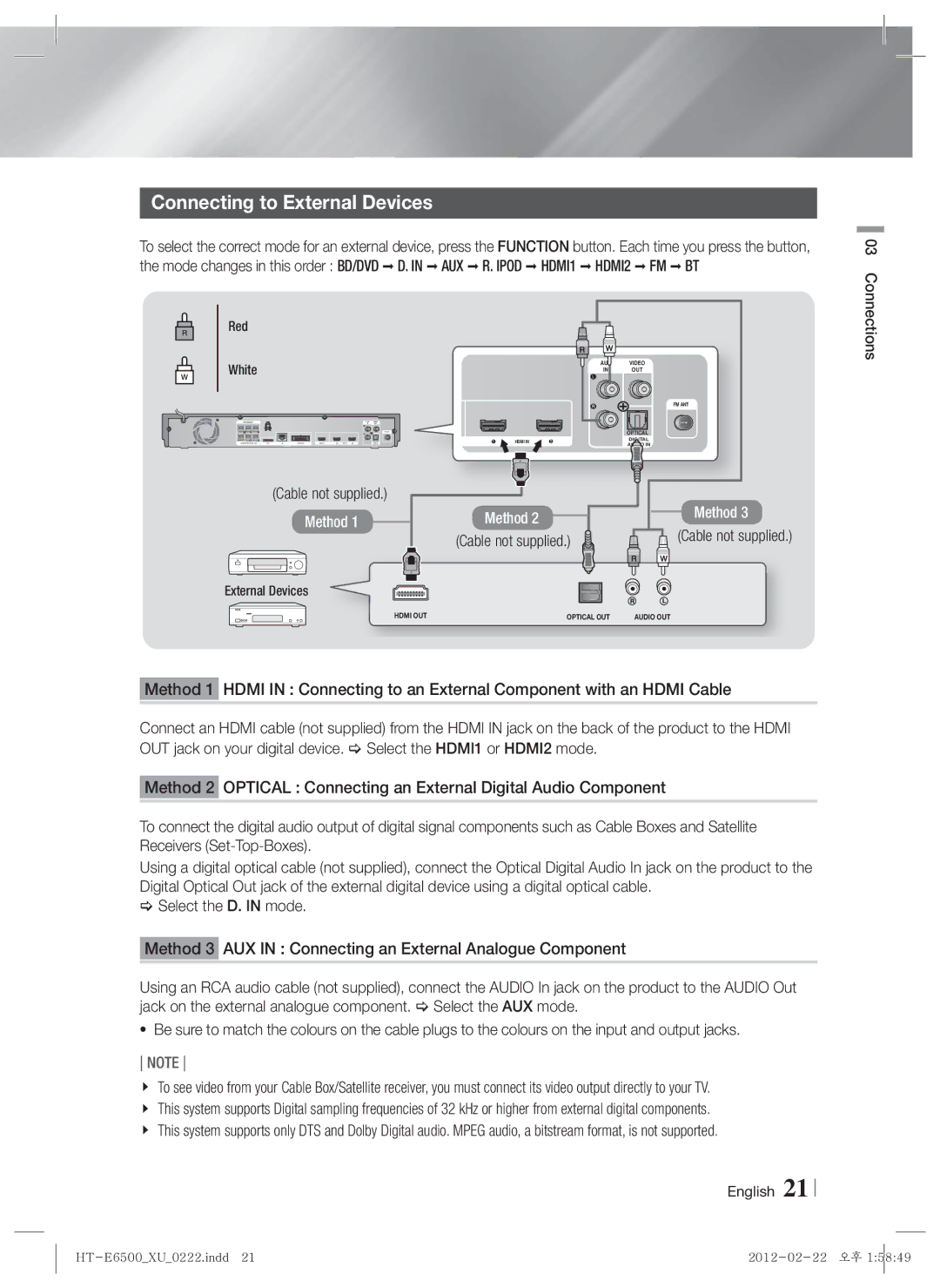 Samsung HT-E6500/XN, HT-E6500/EN, HT-E6500/XE manual Connecting to External Devices, Red, White 