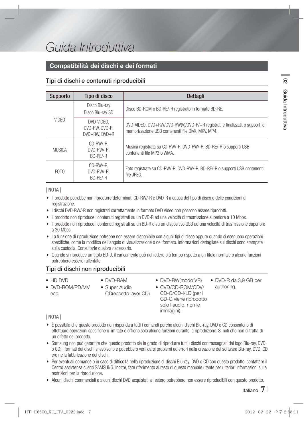 Samsung HT-E6500/EN Guida Introduttiva, Compatibilità dei dischi e dei formati, Tipi di dischi e contenuti riproducibili 