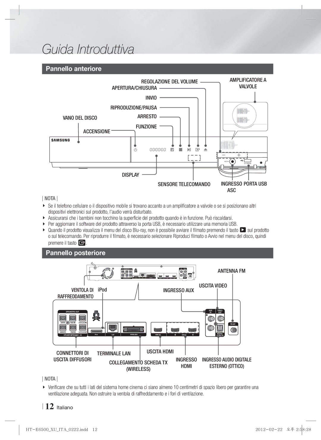 Samsung HT-E6500/XN, HT-E6500/EN, HT-E6500/XE manual Pannello anteriore, Pannello posteriore 