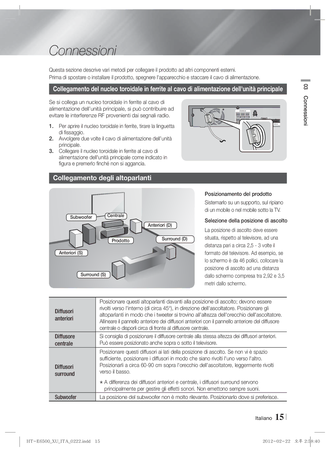 Samsung HT-E6500/XN, HT-E6500/EN, HT-E6500/XE manual Connessioni, Collegamento degli altoparlanti 