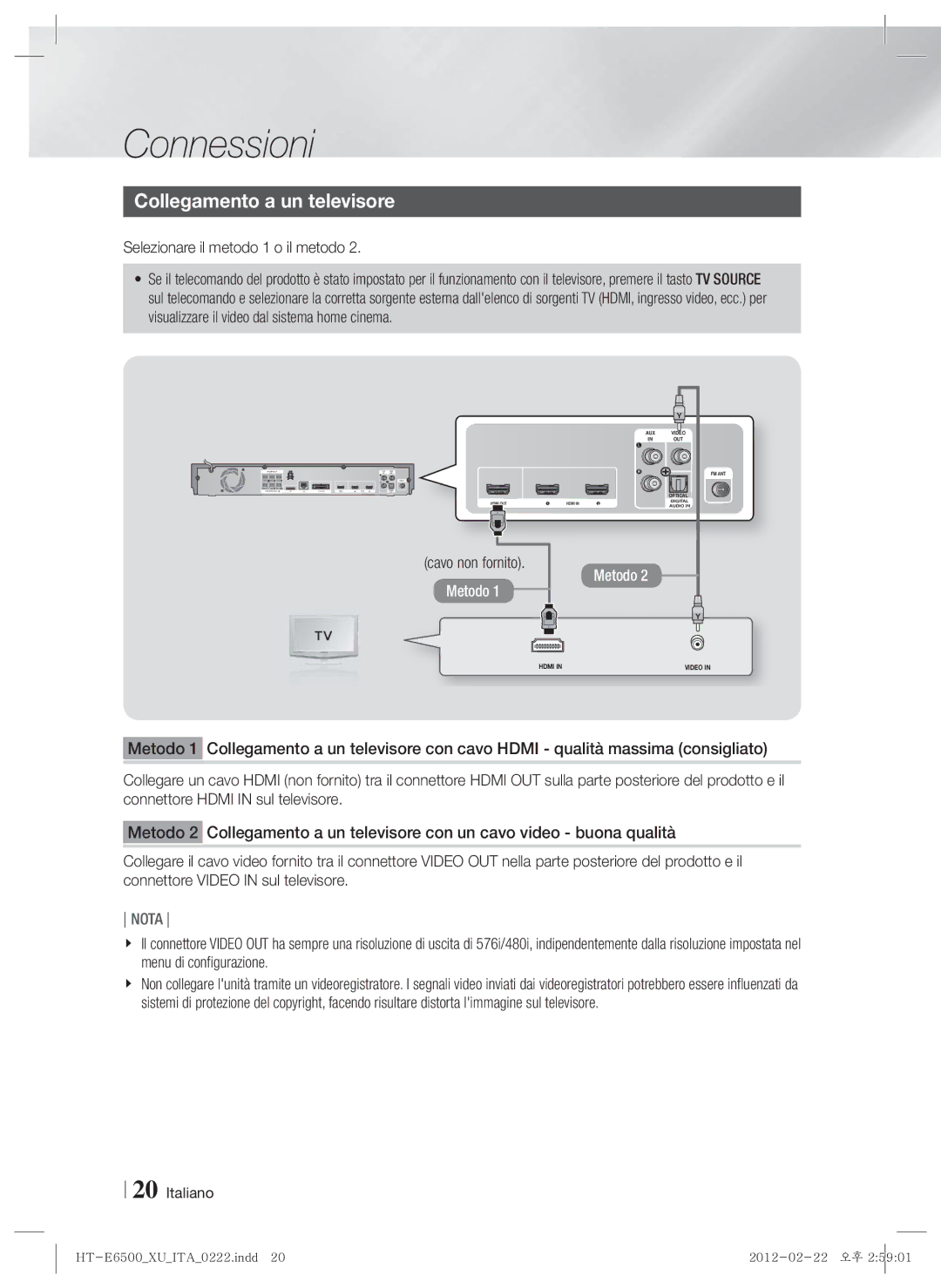 Samsung HT-E6500/XE, HT-E6500/XN manual Collegamento a un televisore, Selezionare il metodo 1 o il metodo, Cavo non fornito 