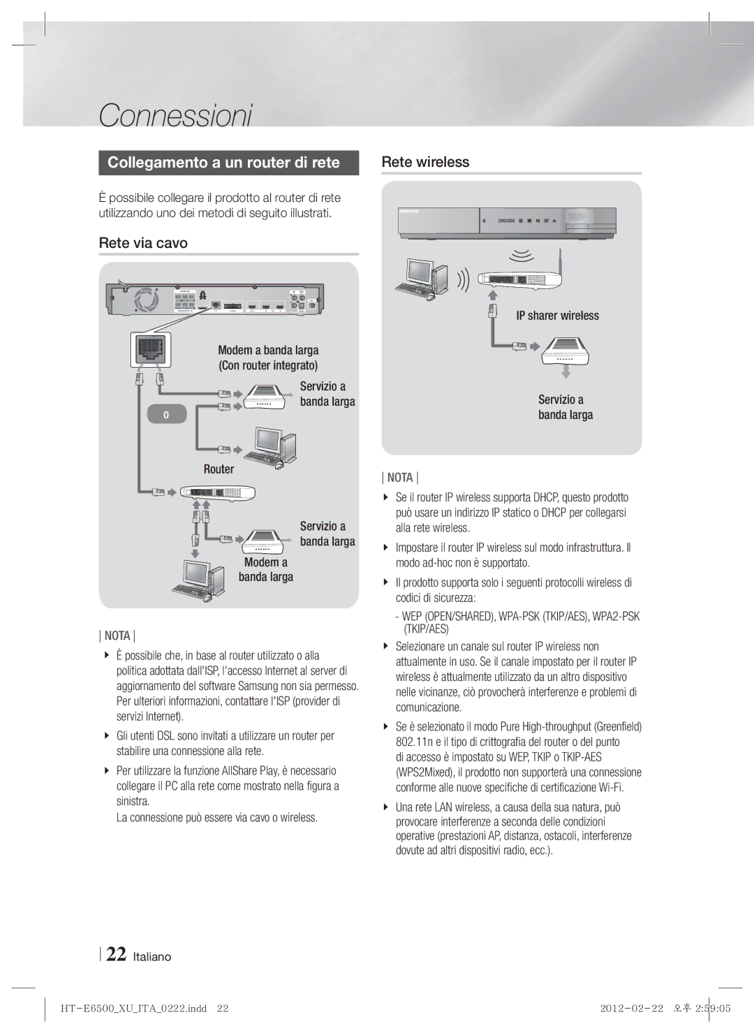 Samsung HT-E6500/EN, HT-E6500/XN Collegamento a un router di rete, Rete via cavo, IP sharer wireless, Modem a Banda larga 