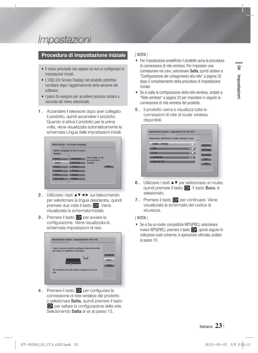 Samsung HT-E6500/XE, HT-E6500/XN, HT-E6500/EN manual Impostazioni, Procedura di impostazione iniziale 