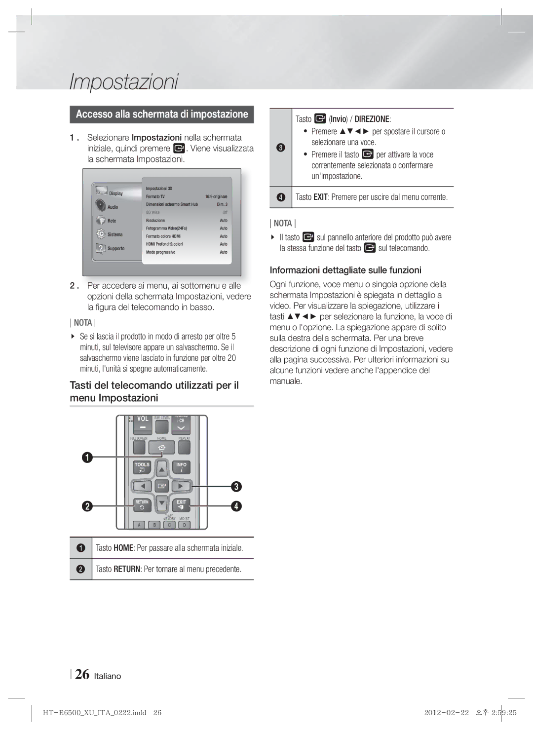 Samsung HT-E6500/XE Tasti del telecomando utilizzati per il menu Impostazioni, Tasto E Invio / Direzione, Unimpostazione 