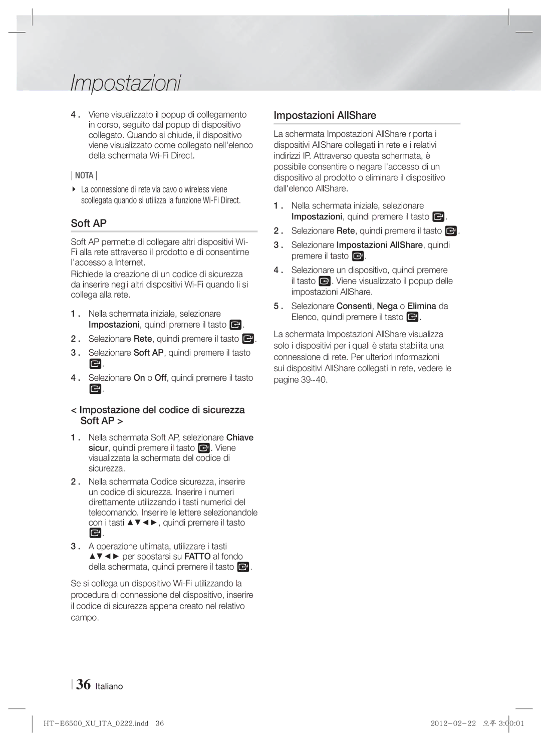 Samsung HT-E6500/XN, HT-E6500/EN, HT-E6500/XE manual Impostazioni AllShare, Impostazione del codice di sicurezza Soft AP 