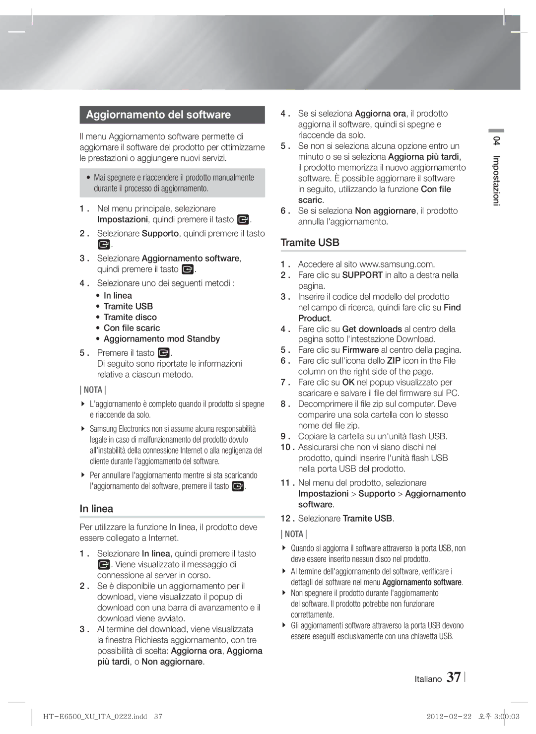 Samsung HT-E6500/EN, HT-E6500/XN, HT-E6500/XE manual Aggiornamento del software, Linea, Tramite USB, Column on the right side 