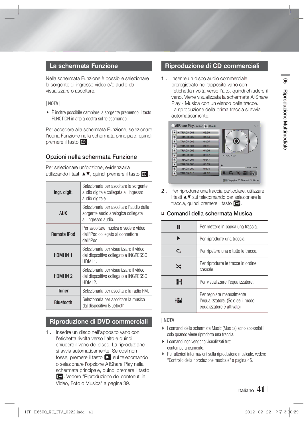 Samsung HT-E6500/XE, HT-E6500/XN La schermata Funzione, Opzioni nella schermata Funzione, Riproduzione di CD commerciali 