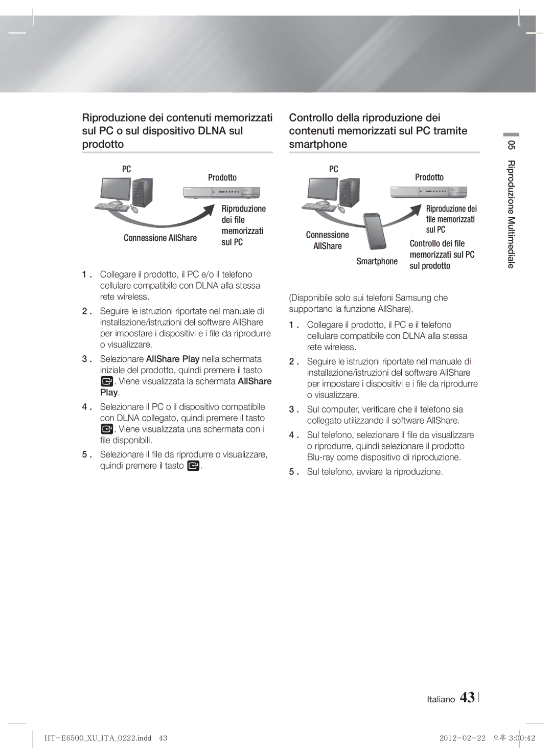 Samsung HT-E6500/EN, HT-E6500/XN Dei file, Sul PC, Controllo dei file, Sul prodotto, Sul telefono, avviare la riproduzione 