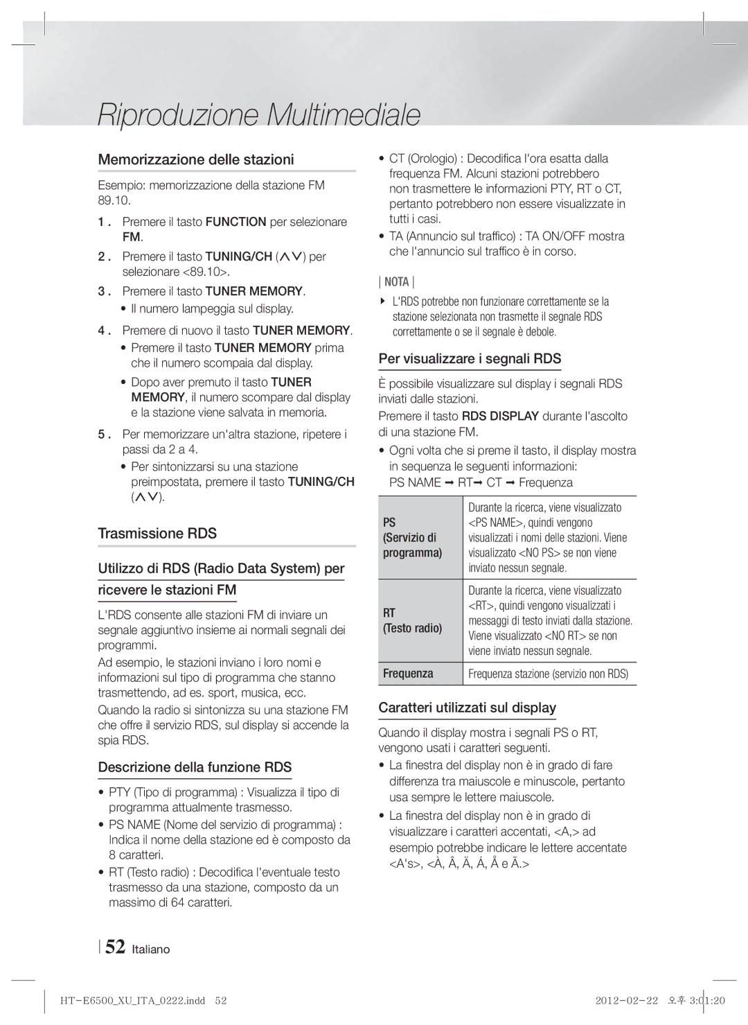 Samsung HT-E6500/EN, HT-E6500/XN manual Memorizzazione delle stazioni, Trasmissione RDS, Descrizione della funzione RDS 