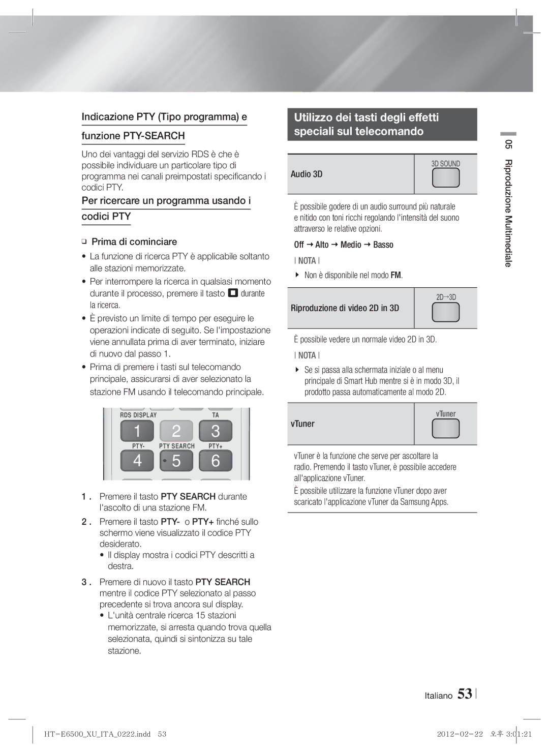 Samsung HT-E6500/XE manual Utilizzo dei tasti degli effetti Speciali sul telecomando, Audio 3D, Off  Alto  Medio  Basso 